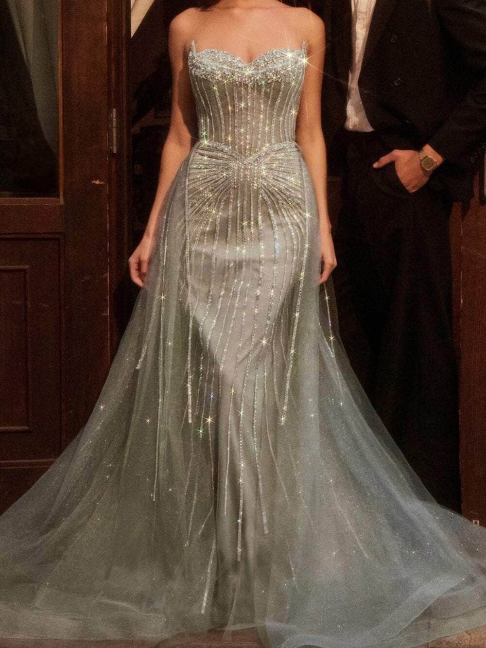 NWT Ladivine CB158 Strapless Rhinestone Evening Dress Sage size 4